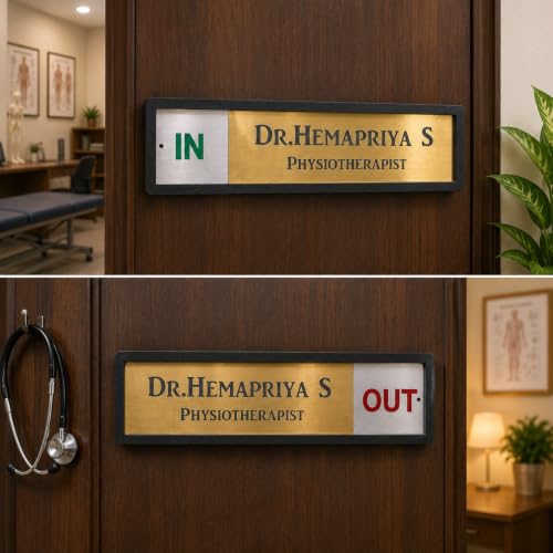 Image of DON'T JUDGE ME Doctor Name Plate with IN /OUT Sliding Indicator, Golden & Silver | Sliding IN /OUT Display, Door Nameplate, Clinic & Office Use, Gold Finish Plate, Customisable Name, Colour :- Golden And Black | Material:- MDF (3 x 14 inches)