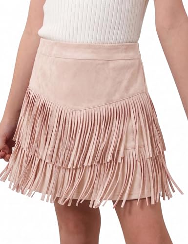 YesFashion Girls Fringe Skirts Western Cowgirl High Waist Mini Skirt Suede Tassel Skirt for Country Concert Light Pink