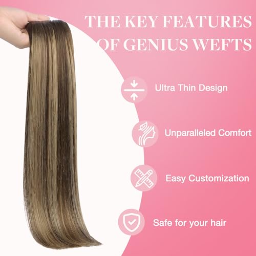 Image of GOO GOO Genius Weft Hair Extensions Human Hair, Sew In Weft Extensions, Seamless Blend & No Bulk Flat, Natural Volume for Women, 4 /27 /4 Balayage Chocolate Brown to Caramel Blonde 14 Inch 50g