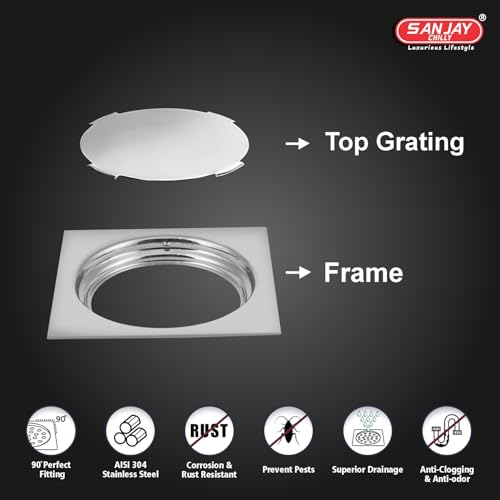 Image of SS Floor Drain for Bathroom 304 Grade Kitchen Sink washbasin Luxurious Bathroom Gratings Balcony Hair Catcher Anti Dust (Square German Drain - Silver - 5x5 Inch)