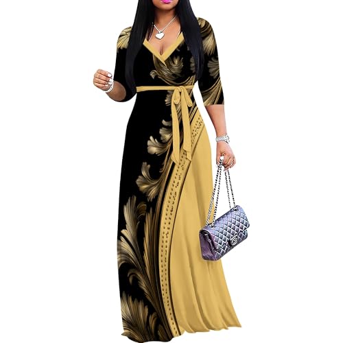 Image of Plus Size Dresses for Women Print Maxi Dresses 3 /4 Sleeve with Belt