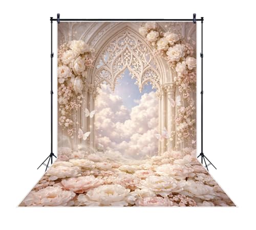 Fantasy Backdrop Floral Arch Photography Background Light Pink Flower Butterfly Gothic Window White Cloud Dreamy Spring Wedding Bridal Shower Girls Maternity Photoshoot Studio Props