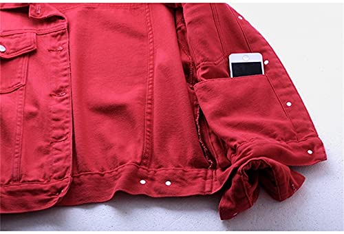 WSLCN Jaqueta jeans feminina de manga comprida estilo boyfriend, Vermelho, GG