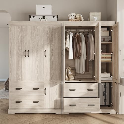 LIKIMIO Wardrobe Closet, 70\" Tall 4 Doors Large Wooden Closet with 2 Drawers, 3 Shelves Bedroom Armoire with Hanging Rod, Freestanding Storage Cabinet for Hanging Clothes, Light Oak - Thumbnail 4