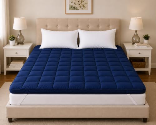 Image of 1200 GSM Mattress Topper | King Size 72 x 78 Inch | Soft Microfiber Filling | Breathable Comfort | Dark Blue
