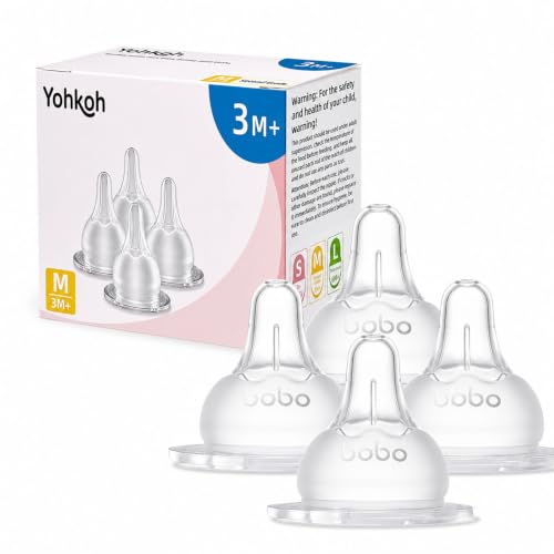 Image of YOHKOH Baby Bottle Nipples for Wide Neck Bottles, 100% Natural Feel Silicone Nipples, BPA-Free (3m+, M, 4 Counts)