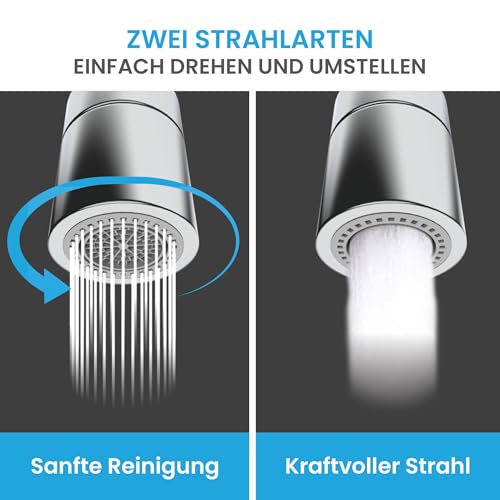 Bächlein Wasserhahn-Aufsatz in Chrom mit zwei Strahlarten - Drehbarer Wasserhahn-Luftsprudler für Küchenarmaturen