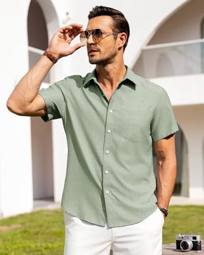 Image of Alimens & Gentle Mens Linen Shirts Short Sleeve Button Down Shirts Wrinkle Free Casual Vacation Beach Summer Tops