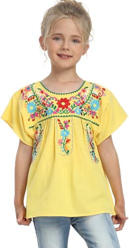 Image of YZXDORWJ Mexican Blouse for Girls Traditional Embroidered Summer Short Sleeve Peasant Blouse for Kids