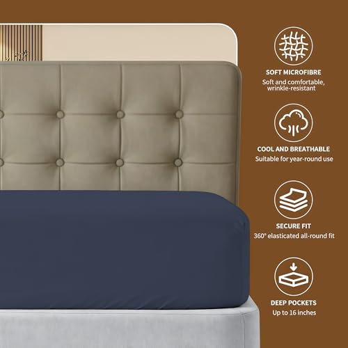 Image of HBHLFZ Twin Fitted Sheet Only, Soft Breathable Bottom Sheet - 39 inchx75 inch Deep Pockets Twin Size Fitted Sheet - All Around Stretch Fit, Wrinkle Resistant, Colorfast - Easy Care, Navy