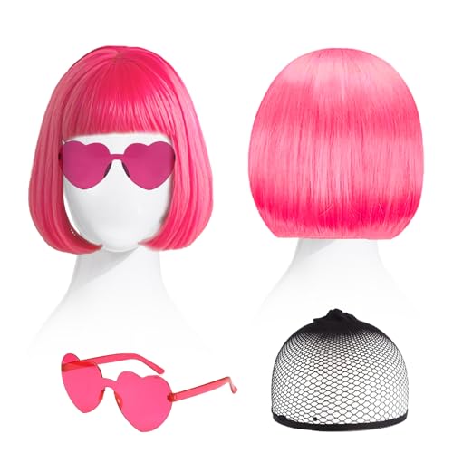 SAIIURV 3 Piezas Peluca Bob, 12 Pulgada/30 cm Corto Lacio Bob Pelucas con Flequillo Sintética, Peluca Corta de Pelo Bob, Pelucas de Color Neón para Halloween Carnaval de Mujer y Niña (Rosa) (Rosa)