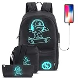 Pawsky Skateboard Anime Luminous School Backpack with USB Charging Port, Anti Theft Lock, Sling Bag & Pencil Case for Teen Boys and Girls, College Bookbag Lightweight Laptop Bag, Black