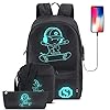 Skateboard Anime Luminous School Backpack with USB Charging Port, Anti Theft Lock, Sling Bag & Pencil Case for Teen Boys and Girls, College Bookbag Lightweight Laptop Bag, Black