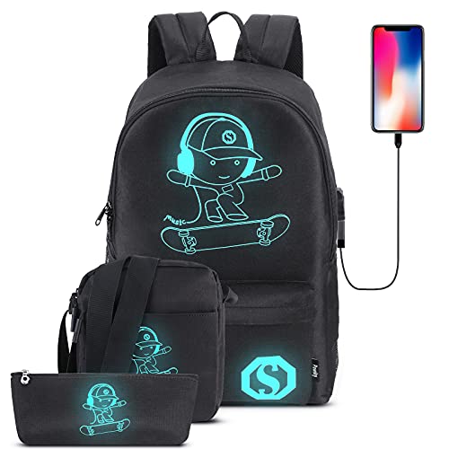 Skateboard Anime Luminous School Backpack with USB Charging Port, Anti Theft Lock, Sling Bag & Pencil Case for Teen Boys and Girls, College Bookbag Lightweight Laptop Bag, Black