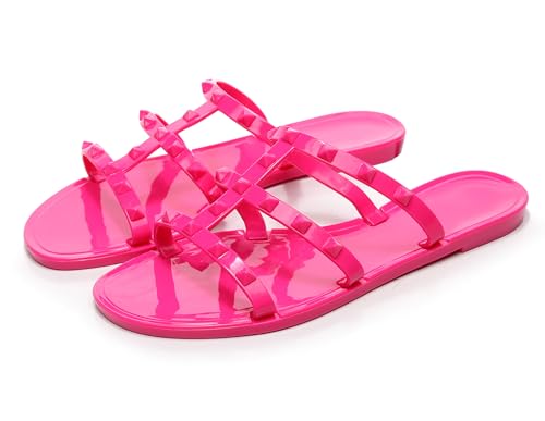 Image of Women Flats Sandals, Studded Jelly Shoes Size 9 Red Dressy Summer Beach Rivets Strappy Jellies Slide Slip On Open Toes