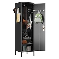 SUPEER 1 Door Metal Storage Lockers with Handle and Hanging Rod,Metal Locker for Employees with Pegboard and Hooks for Home,Office,Gym, School, Garage,Assembly Required,Black