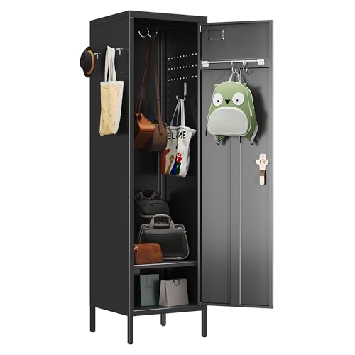 Image of SUPEER 1-Door Metal Locker with Lock, Pegboard, Hooks and Hanging Rod | 15 inchW x 15 inchD x 54.45 inchH steel locker with 2 pegboards, 5 hooks, an interior hanging rod and required assembly.
