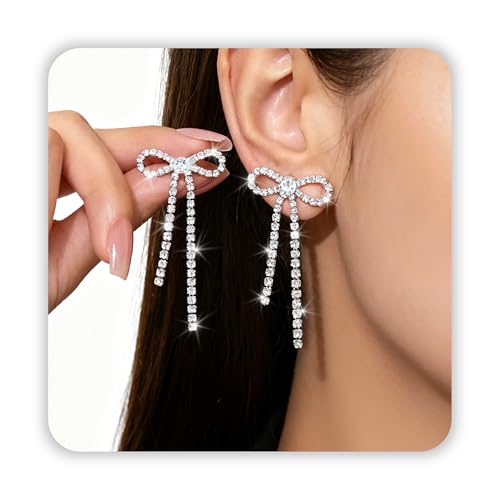 Bow Earrings Silver Rhinestone Earrings Dangling for Women Sparkly Prom Silver Drop Earring as Graduation Party Decoration Ribbon Earring as Wedding Statement Earings Jewelry