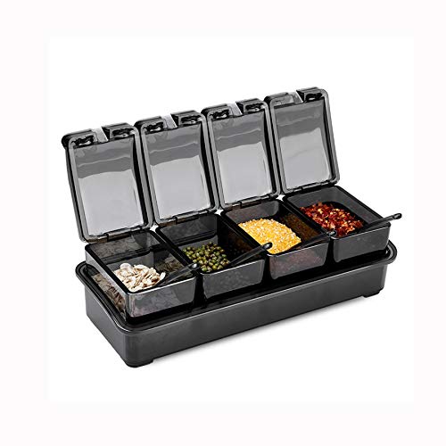 HLTYGWX Barattoli per condimenti, Contenitore per Sale da Cucina, Scatola per condimenti con Cucchiaio, Contenitore per spezie a 4 Scomparti, Contenitore per condimenti per spezie, Zucchero, Sale,