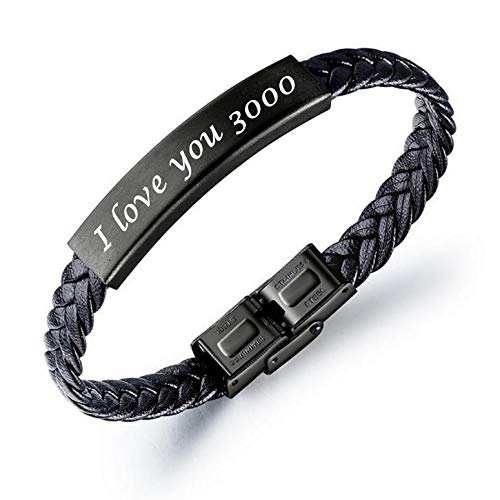 Kooer Classic Personalized Adjustable Leather Braided Rope Bracelet Engraved I Love You 3000 Bangle Unisex Gift (Black-3)