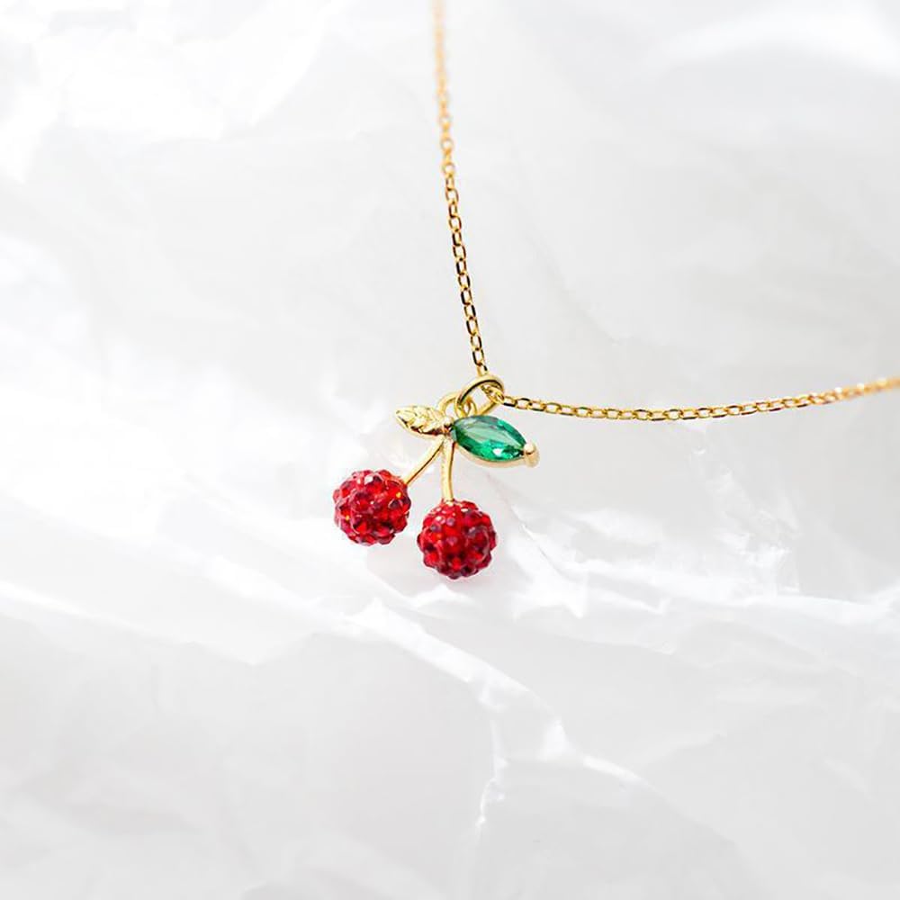 Cute Red Cherry Pendant Necklace for Women Girls 925 Sterling Silver Cubic Zirconia Paved Crystal Fruit Green Leaf Adjustable Chain Choker Necklaces Exquisite Jewelry Gifts for Her with Gift Box - Image 4