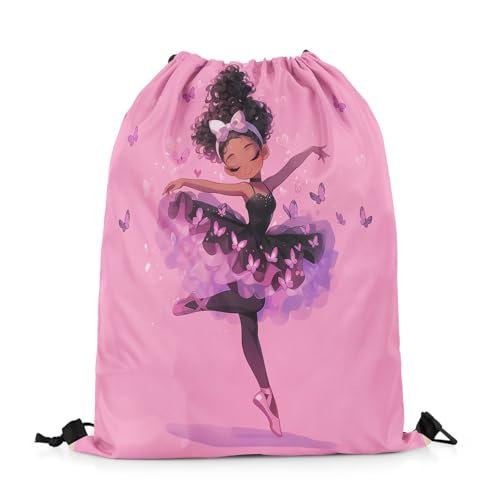 Image of jejeloiu Black American Drawstring Backpack 13x15.7inch Ballet Butterfly Waterproof Gym Drawstring Bags Princess Sports String Backpack Beach Swim Travel Bag Sackpack
