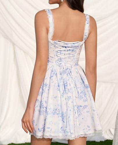Image of Womens Summer Floral Mini Dress Square Neck Tie Front Lace Spliced Ruched Backless Casual Party Graduation Short Dresses