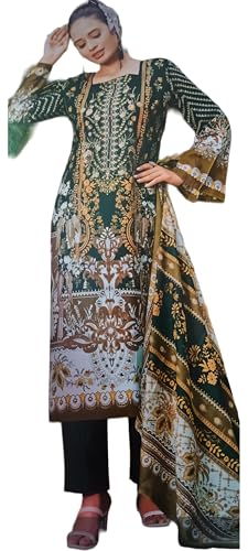 Traditional Pakistani Un-Stitched Salwar Kameez, Green Floral Print, Bell Sleeves, 3-Piece Suit with Dupatta