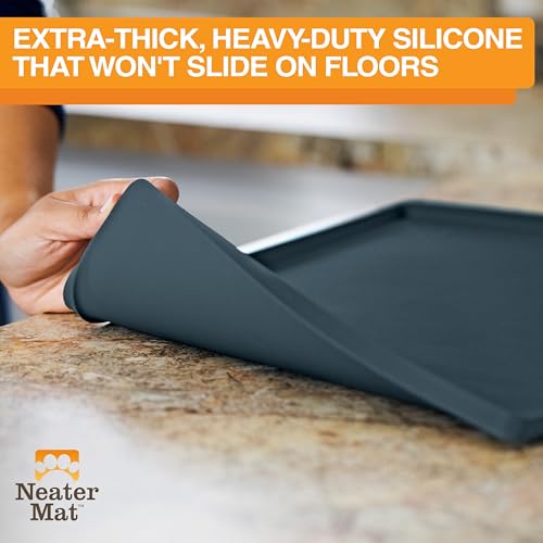 Image of Neater Pet Brands Neater Mat Pet Mats for Food and Water, Cat & Dog Bowl Mat Waterproof Silicone, Feeding Tray, Dog Food Mats for Floors, Placemat w /Raised Edge for Under Bowls, 19 inch x 12 inch, Slate Blue