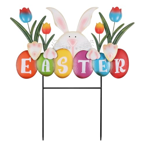 YEAHOME Decoraciones de Pascua al aire libre, letras de Pascua conejo, estacas decorativas de jardín con flores para decoración de Pascua, letreros coloridos de metal para exteriores, jardín, porche,