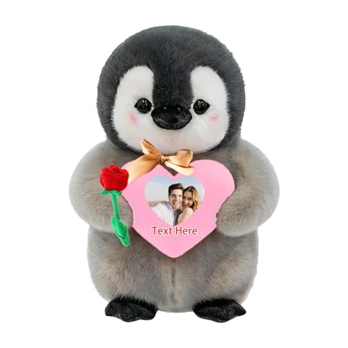 FAHOXUMR Peluche De Pingüino Personalizado con Corazón Y Foto Texto, Pingüino De Peluche Personalizado como Regalo para San Valentín Y Navidad, 20cm