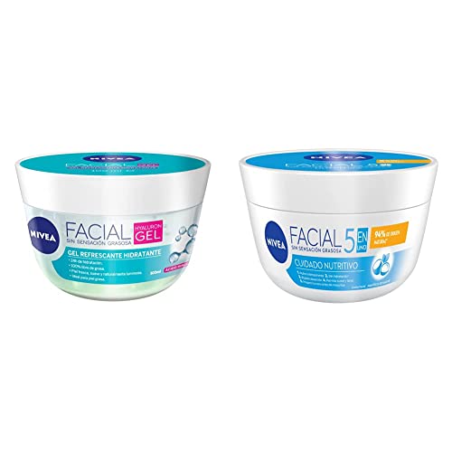 Cremas, Drugstore NIVEA Gel Facial Refrescante Cuidado Facial (100 ml) con ácido hialurónico + Crema Facial Hidratante 5 En 1 Cuidado Nutritivo (200 ml)
