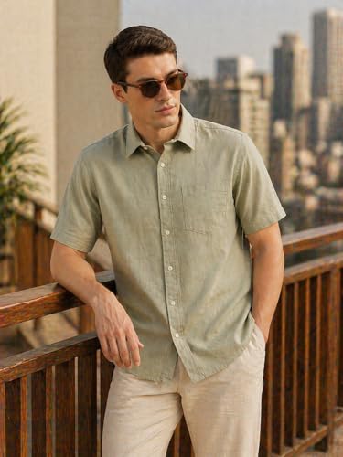 Image of Thomas Scott Men's | Solid | Linen Blend | Slim Fit | Short Sleeve | Spread Collar | Casual |Shirts for Men