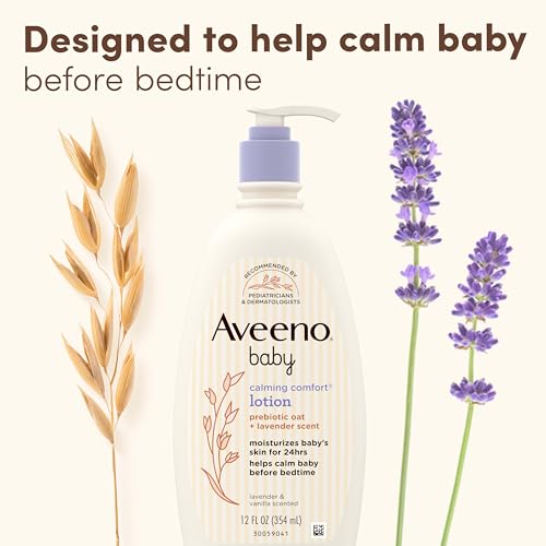Image of Aveeno Baby Calming Comfort Moisturizing Body Lotion with Relaxing Lavender & Vanilla Scents, Non-Greasy, Nourishing Prebiotic Oatmeal, No Added Parabens, 12 fl. oz