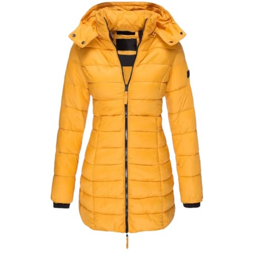 Langer Daunenmantel für Damen, dick, warm, mit Kapuze, gelb, XL