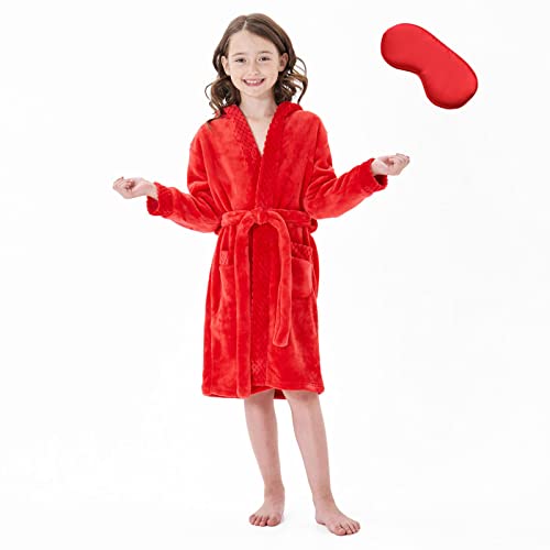 Mgeoy Robes For Girls Kids Soft Hooded Flannel Bathrobe With Silk Eye Sleep Mask Red 10-12 #TOP1