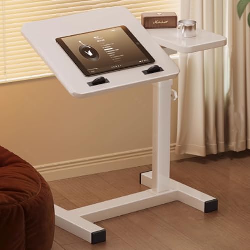 YUGXTH Height Adjustable Overbed Bedside Table with Wheels, Foldable Over Bed Table with Tilt Top, Cross-Bed Computer Desk, Mobile Standing Desk for Bedroom Work(White)