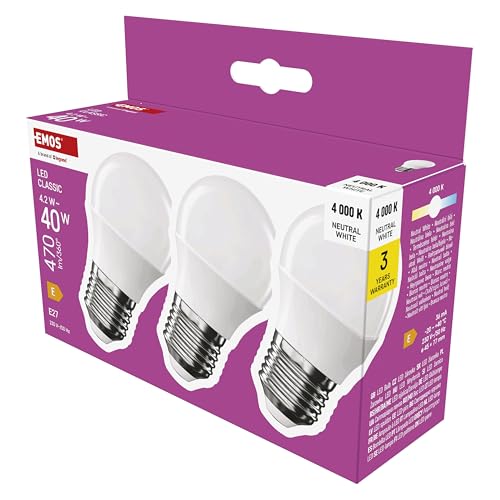 EMOS LED Lampe Mini Globe 3er Pack, 4,2W Ersatz für 40W Glühbirne, kleine Birne mit E27 Sockel, Helligkeit 470 lm, Neutralweiß 4000 K, 30000 h Lebensdauer, CRI min. 80, 150° Abstrahlwinkel