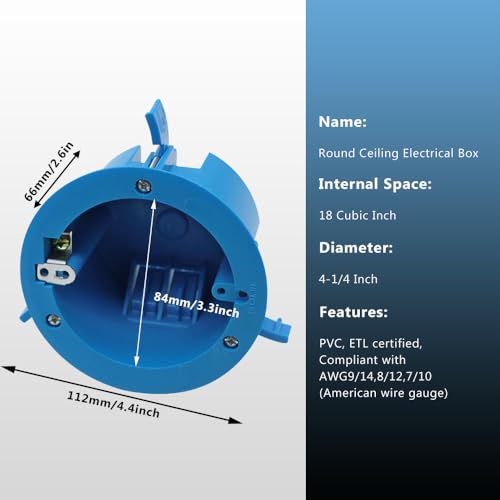 Image of 4'' Old Work Round Electrical Box, 18 cu in, Blue, Pack of 1 | 18 Cubic Inches Outlet Box; 1-Gang PVC Round Ceiling Electrical Box for Old Work; ETL Listed(1 Pack).
