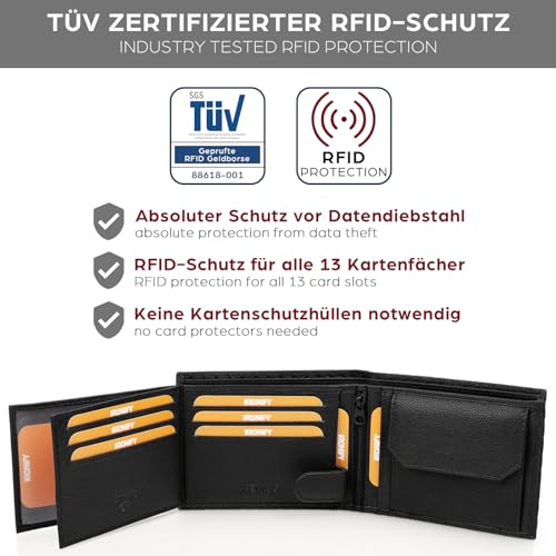 Men's Leather Wallet | RFID Blocking | Bifold Trifold Wallet | Landscape Format | Coin Pocket | 13 Card Slots | Reinforced Seam | Gift Box | Carbon4