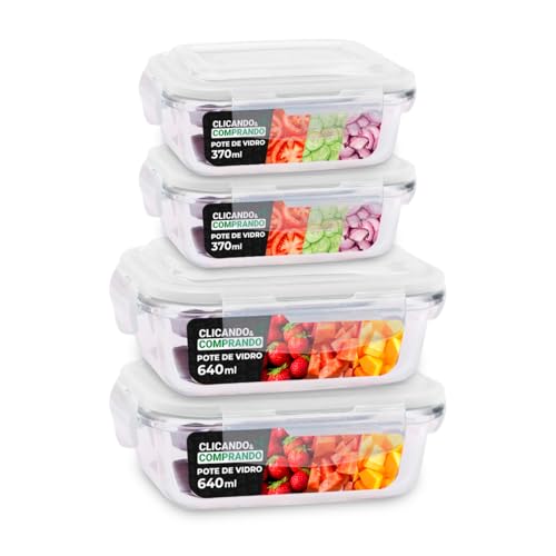 Kit 4 Potes de Vidro Hermético Geladeira Marmita 370ml/640ml