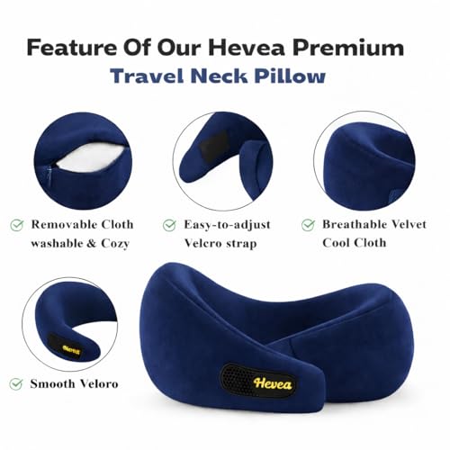 Image of HEVEA Travel Neck Pillow, 100% Memory Foam with 360 Degree Neck Support for Flight, Car, Bus, Office & Train Travel, Adjustable Velcro, Washable Velvet Cover, Free Travel Pouch, Navy Blue