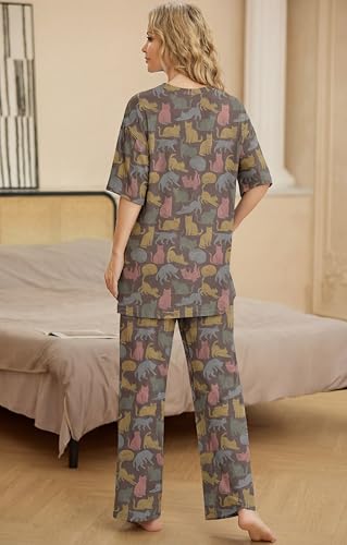 Image of PrinStory Womens Pajamas Sets 2 Piece Lounge Set Short Sleeve Tops and Long Pants Soft Pjs Loungewear with Pockets