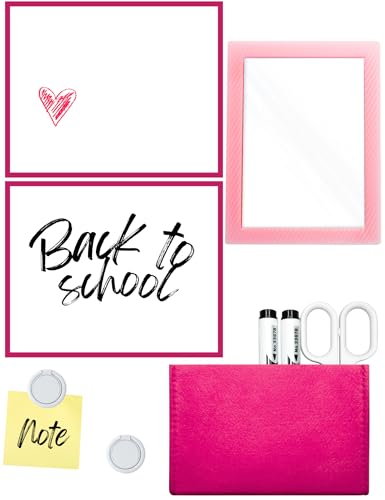 Image of Magnetic Locker Accessories Kit - 5pcs With Mirror, Dry Erase Board, Pen Holder, Magnets for School, Refrigerator, Office Cabinet (Pink)