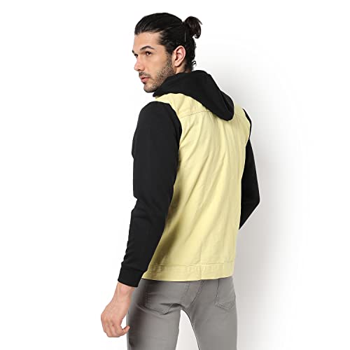 Image of Campus Sutra Men's Light-Washed Yellow & Black Regular Fit Denim Jacket For Winter Wear | Hooded Collar | Full Sleeve | Buttoned | Casual Denim Jacket For Man | Western Stylish Denim Jacket For Men