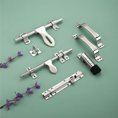 Image of COMPASS Paan Stainless Steel Heavy Single Door Fitting Accessories Full Set /Kit (1 Aldrop, 1 Latch, 2 Handles, 1 Tower Bolt and 1 Door Stopper | 10 inch | SS Finish