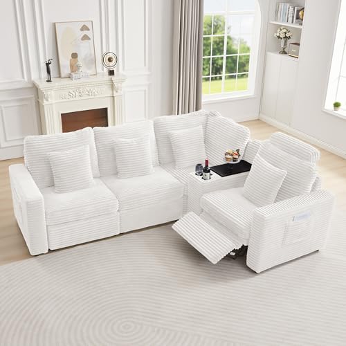 Image of RARZOE Modular Sectional Sofa with Power Recliner, 4-Seater L-Shaped Corduroy Reclining Couch with Storage Console Charging Cup Holders, Fluffy Recliner Sectional Couches for Living Room,White