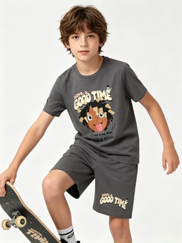 Image of Size 6-12 Years Boys Summer Outfits Set Kids Short Sleeve Top T-Shirt & Shorts Color Block Clothing Sets
