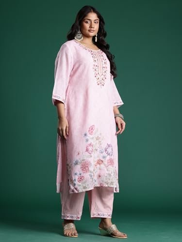 Image of INDO ERA Women's Linen Floral Embroidered Straight Calf Length Kurta with Pant & Dupatta Set (PS0KH10643)