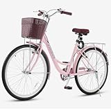 VIRIBUS Beach Cruiser Bike for Women, 26 inch Womens Bike with Basket & Rack 1 Speed, Retro Step Through Cruiser Bicycle for Petite Short Women Female Ladies City Commuter, Pink, 330 lb.